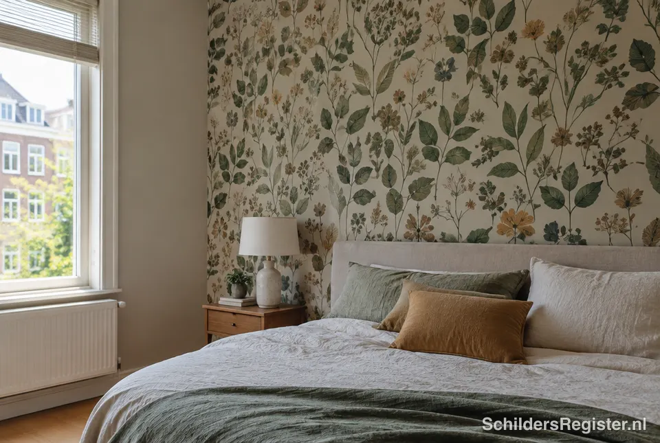 Muur met nieuw patroonbehang in een slaapkamer