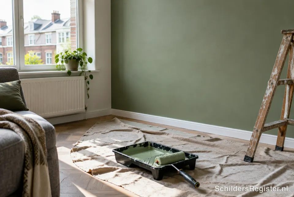 Woonkamer met pas geverfde muur in een warme tint