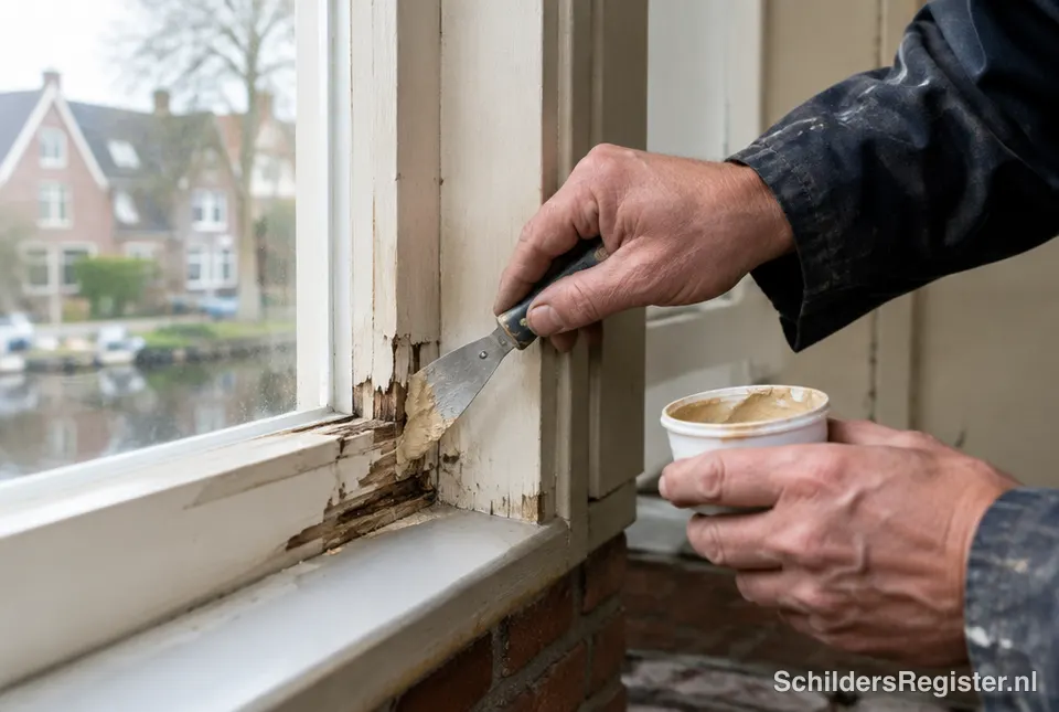 Kozijn met houtrot wordt gerepareerd met reparatiepasta