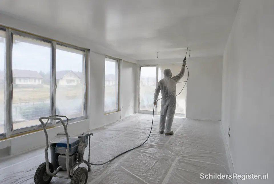 Plafond en muren worden gespoten in een lege ruimte